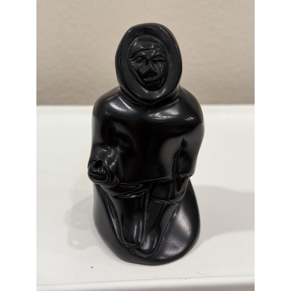 Vintage Pearlite Stonecraft Inuit Hunter Figurine Canada Black